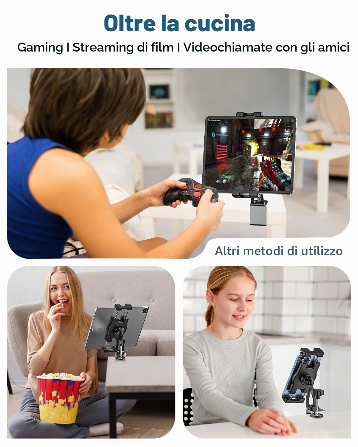 Supporto Tablet Cucina, Porta Tablet Cucina Tavolo Armadio | con Clamp in Metallo, Facile da Installare, per iPad Pro 12.9 10.5 9.7 Air Mini, iPhone e 4-13" Tablets & Telefonos
