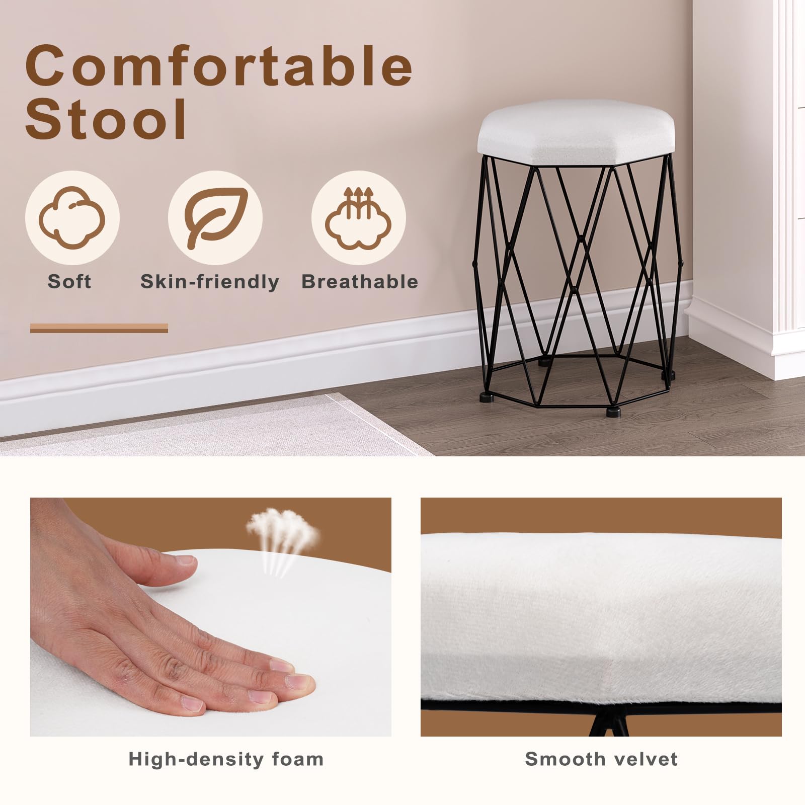WOLTU Tabouret Coiffeuse, Chaise Coiffeuse, Siège Rembourré en Velours, Cadre en Métal, pour Chambre, Salon, 30x30x44cm, Blanc+Noir, MB6111wsz