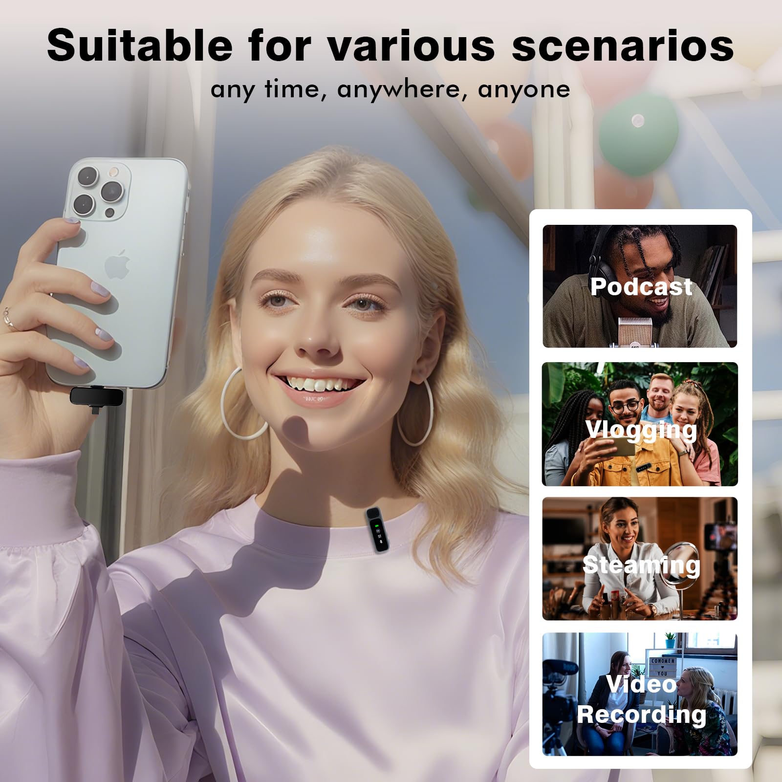 Microfono lavalier wireless per iPhone/Android, doppio mini microfono con cancellazione del rumore con custodia di ricarica (30H), USB-C/Lightning microfono a clip per registrazione video