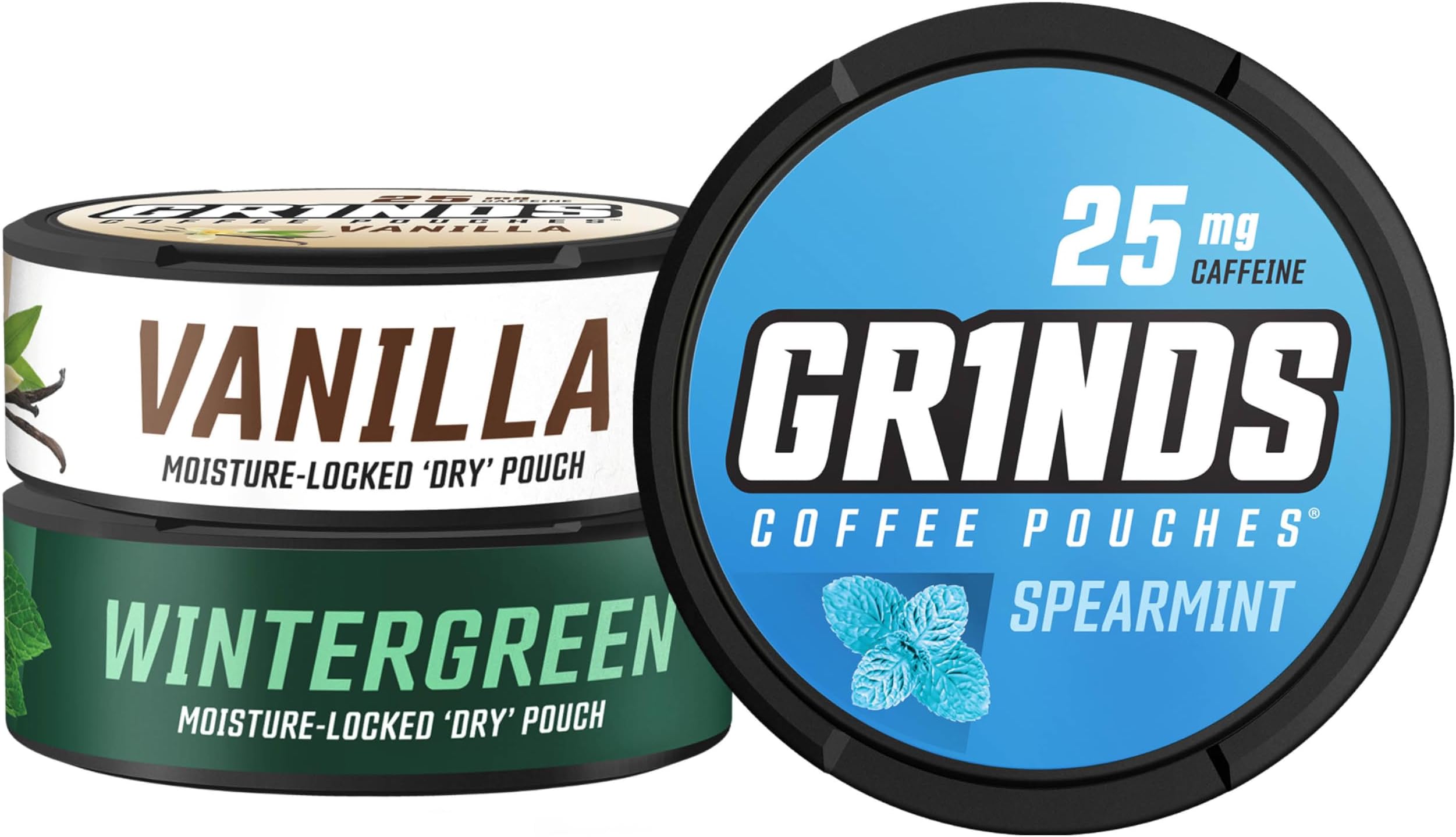 Grinds Coffee Pouches | 3 Can Sampler | Wintergreen, Spearmint, Vanilla | 1 Pouch eq. 1/4 Cup of Coffee (3 Can Sampler Pack)