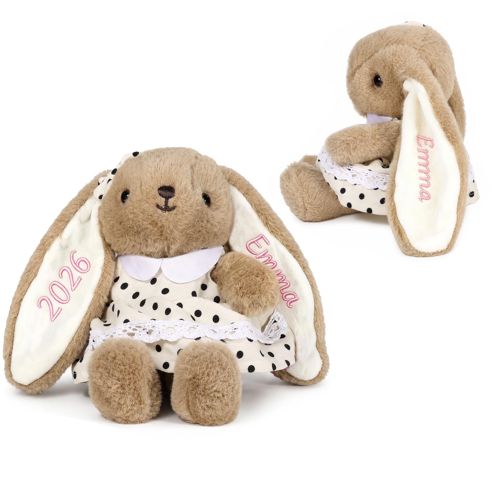 Gaosh Personalised Bunny Plush Toy with Name Stuffed Rabbit 25cm Soft Fluffy Cuddly Bunny Doll Gift for Newborn Baby Shower 1st Birthday Kids Girls Boys
