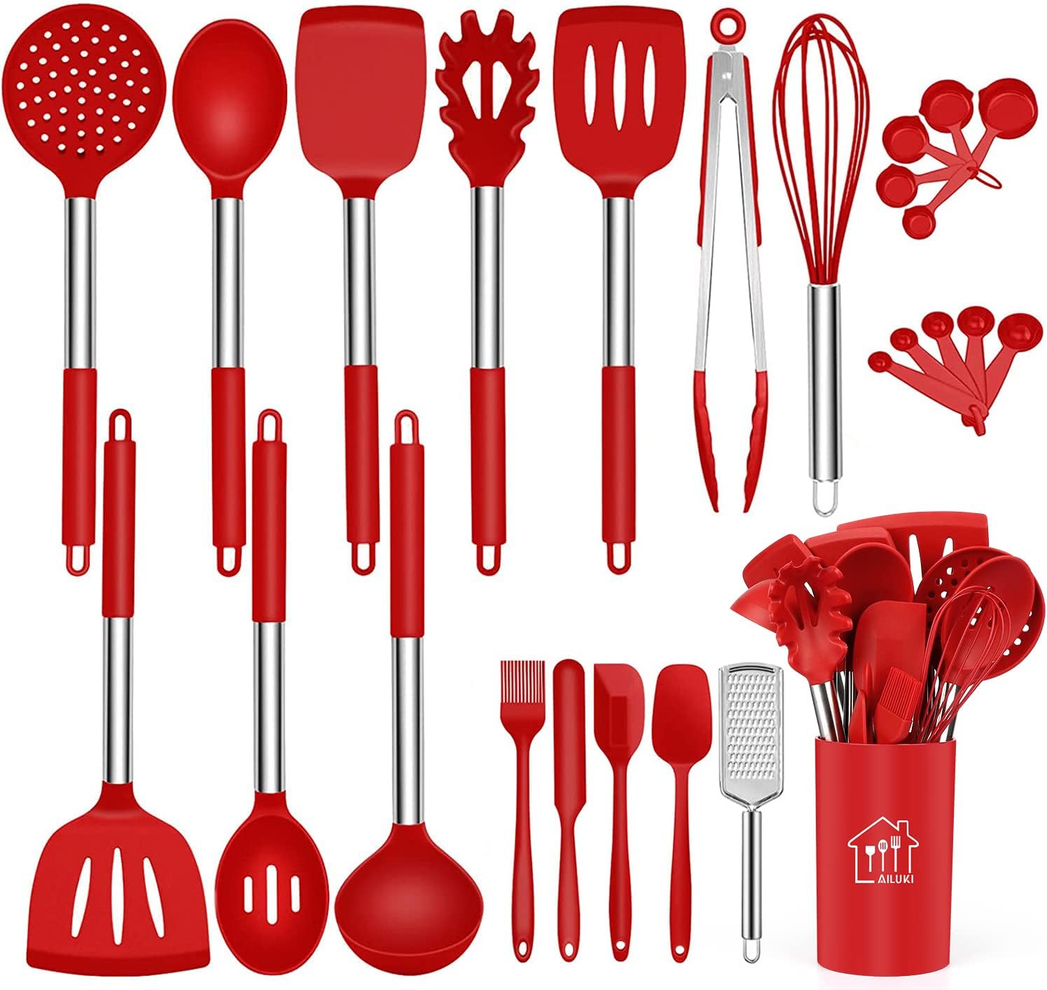 Silicone Cooking Utensil Set,Kitchen Utensils 26 Pcs Set,Non-stick Heat Resistant Silicone,Cookware with Stainless Steel Handle - Red