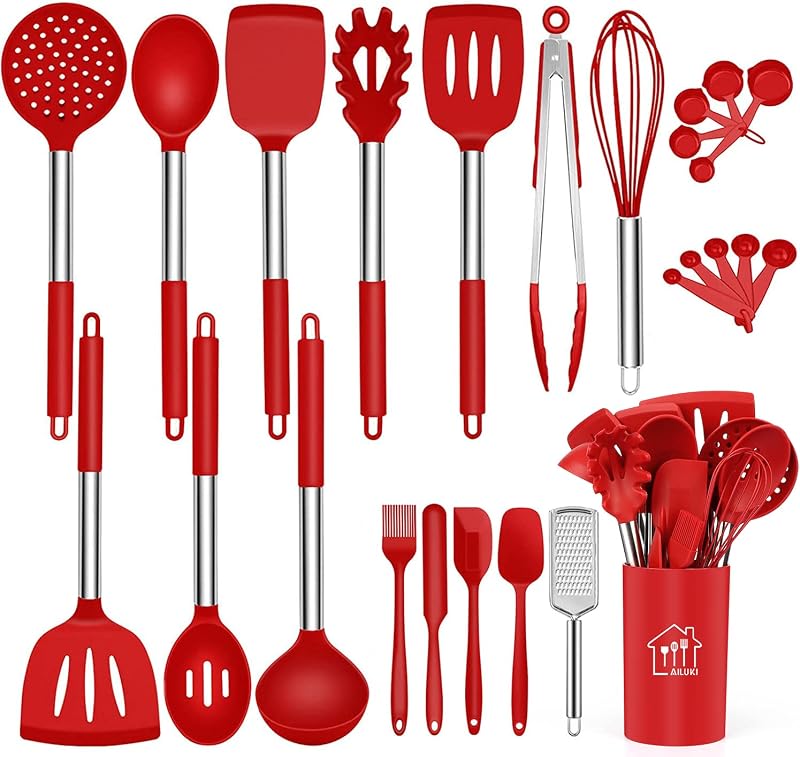 26 Pcs Kitchen Silicone Cooking Utensils Set, Red Kitchen Decor | Non-stick Heat Resistant Silicone, Cookware with Stainless Steel Handle