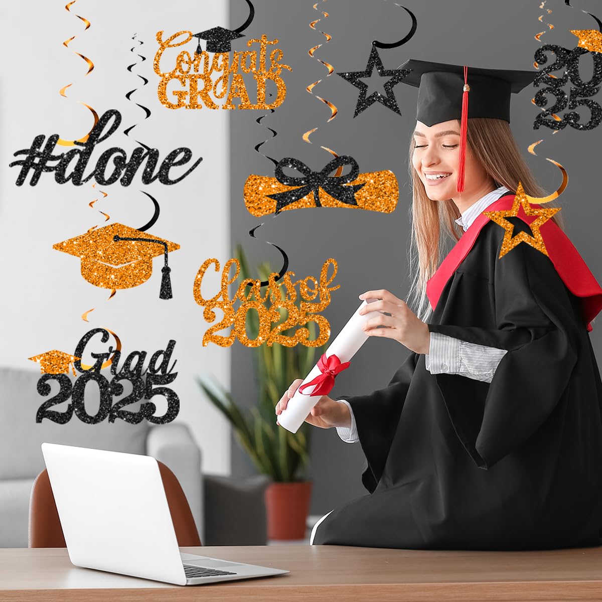 Class Of 2025 Graduation Banner - Orange Glitter, Pre-Strung, Handmade, For High School & College Grad Parties - View #10