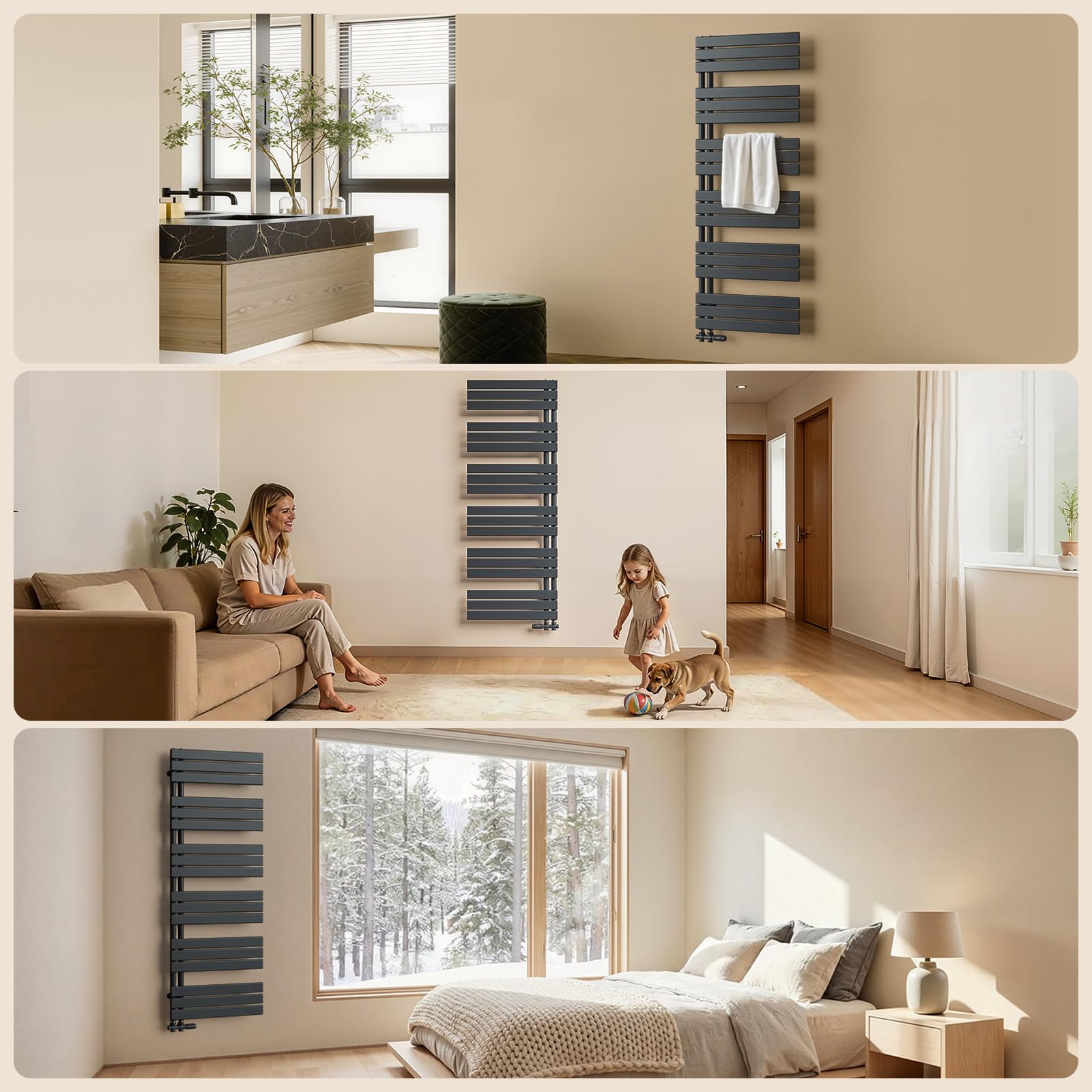 Radiatore design per bagno, radiatore scaldasalviette, grigio antracite, pannello piatto, Connessione centrale, 1041x500mm, radiatore per bagno, asciugatore per asciugamani, 555 Watt (Senza valvola)