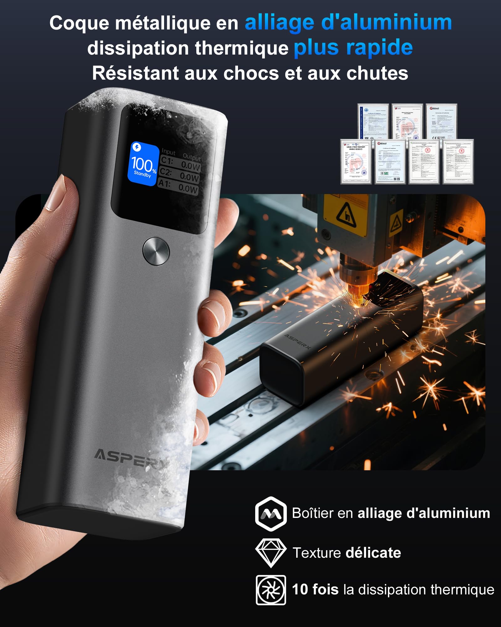 140W 27600mAh Batterie Externe Grande Capacité pour Ordinateur Portable | 2 Ports 140W USB-C,PD3.1 Charge Rapide,écran TFT,Alliage d'aluminium,Power Bank pour iPhone16/15,Galaxy et MacBook