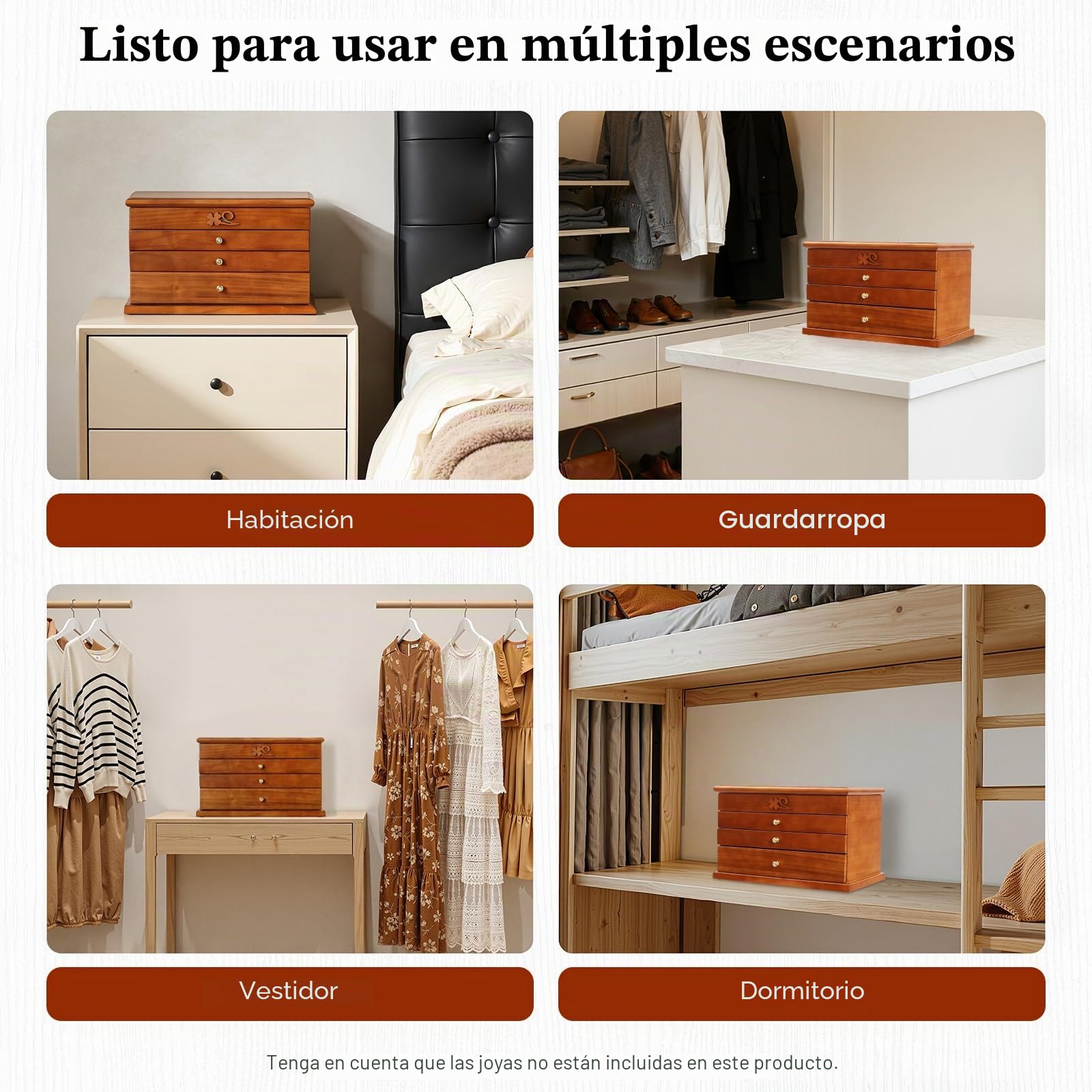 Joyero para mujer, joyero grande con 4 niveles, de madera, 31 x 19,3 x 19,7 cm, con asa para anillos, pendientes, collares, pulseras, etc