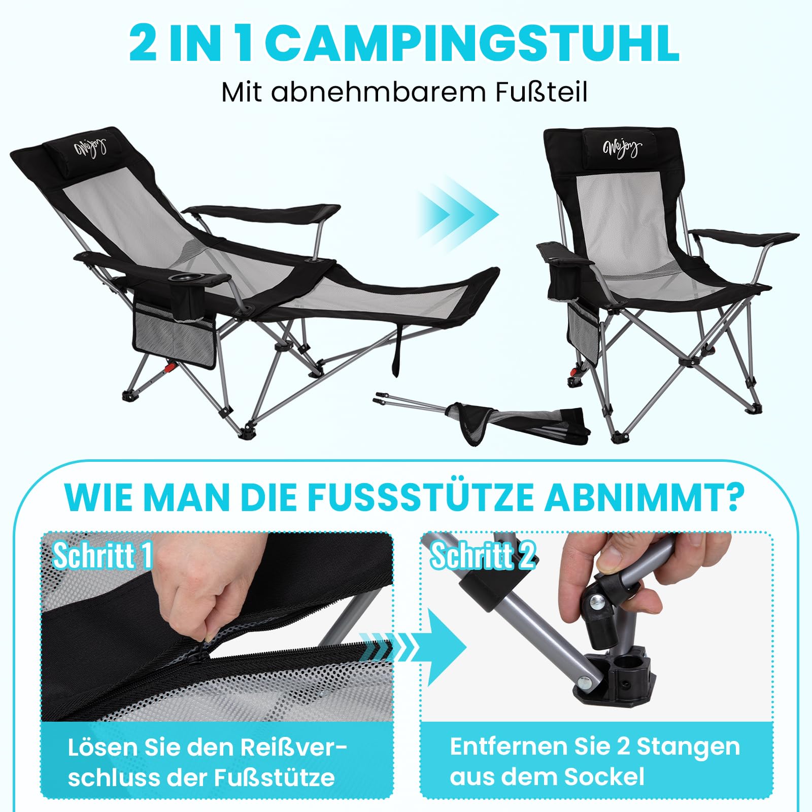 #WEJOY 2-in-1 Campingstuhl Faltbar 180kg mit Fußstütze,Strandstuhl mit 4-Fach Verstellbarer Rückenlehne, Liegestuhl Relaxsessel Liege mit Getränkehalter,Campingstuhl für Camping Outdoor Schwarz/Grau