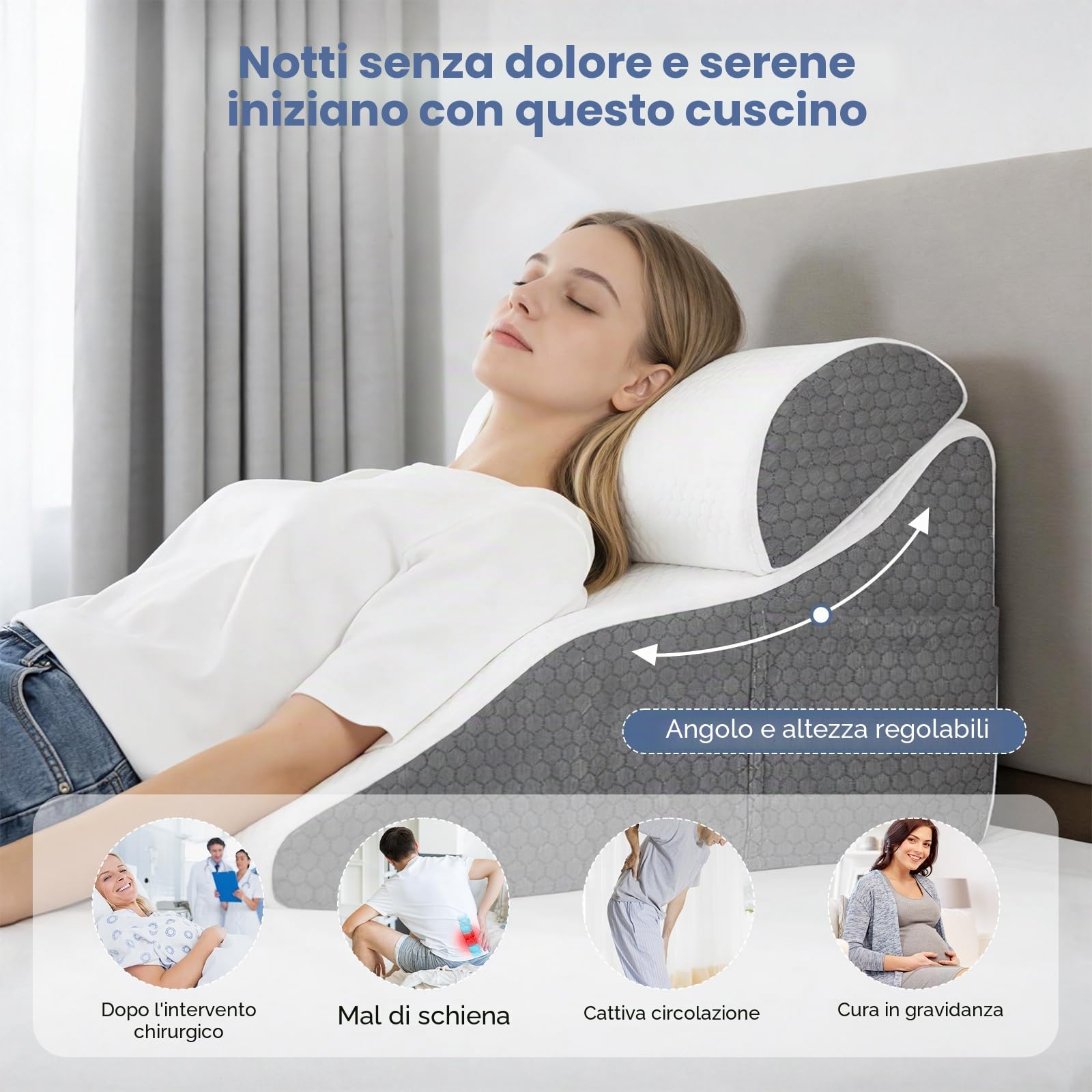 Cuscino da lettura per letto e divano, cuscino curvo a cuneo con memory foam, schienale ergonomico, cuscino reflusso, custodia lavabile, cuscino da reflusso per adulti, 50 x 50 x 30 cm