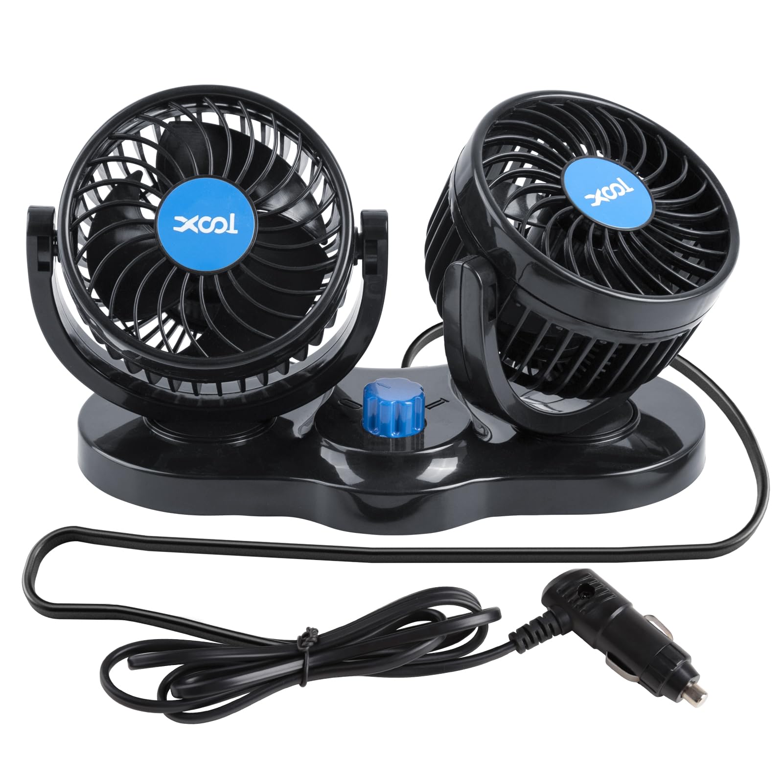 XOOL Car Fan 12V Portable Auto Cooling Fan, Dual Head Electric Car Fans Cigarette Lighter 360 Degree Rotatable Vehicle Fans for Truck SUV Sedan RV Van Boat Golf Cart