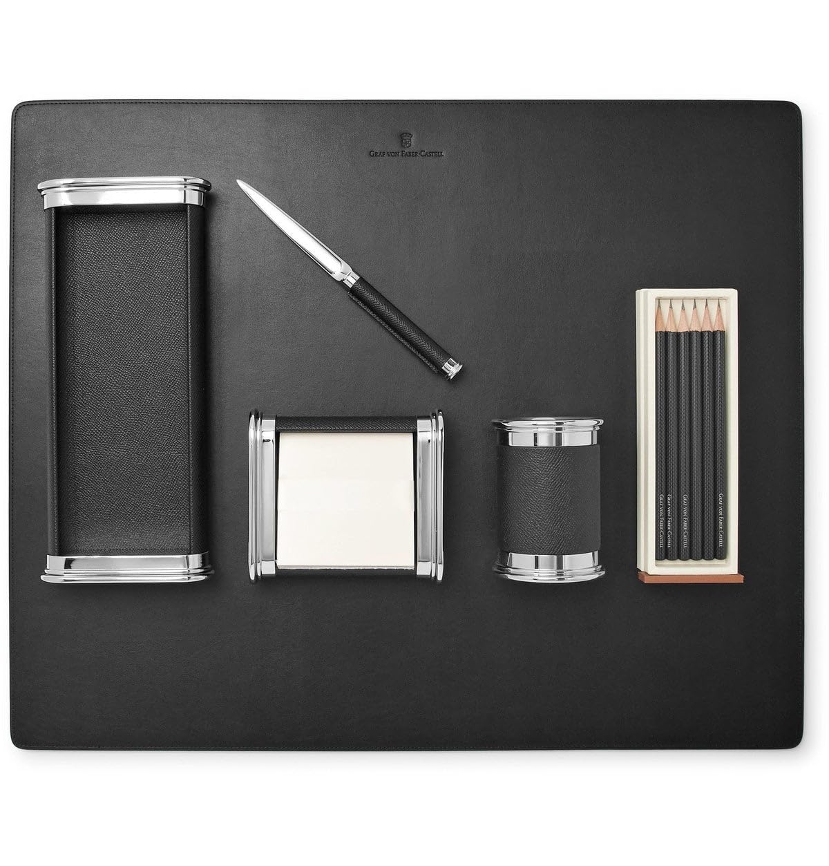 Graf von Faber-Castell - Schreibtischaccessoires Set Schwarz | Mit Brieföffner, Zettelbox, Ablageschale, Stifteköcher, Bleistiften und Schreibtischunterlage
