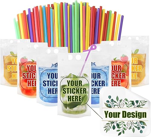 100 bolsas de jugo personalizadas de 8 onzas con 100 etiquetas impermeables de 3 x 3 pulgadas y 100 popotes reutilizables para bebidas
