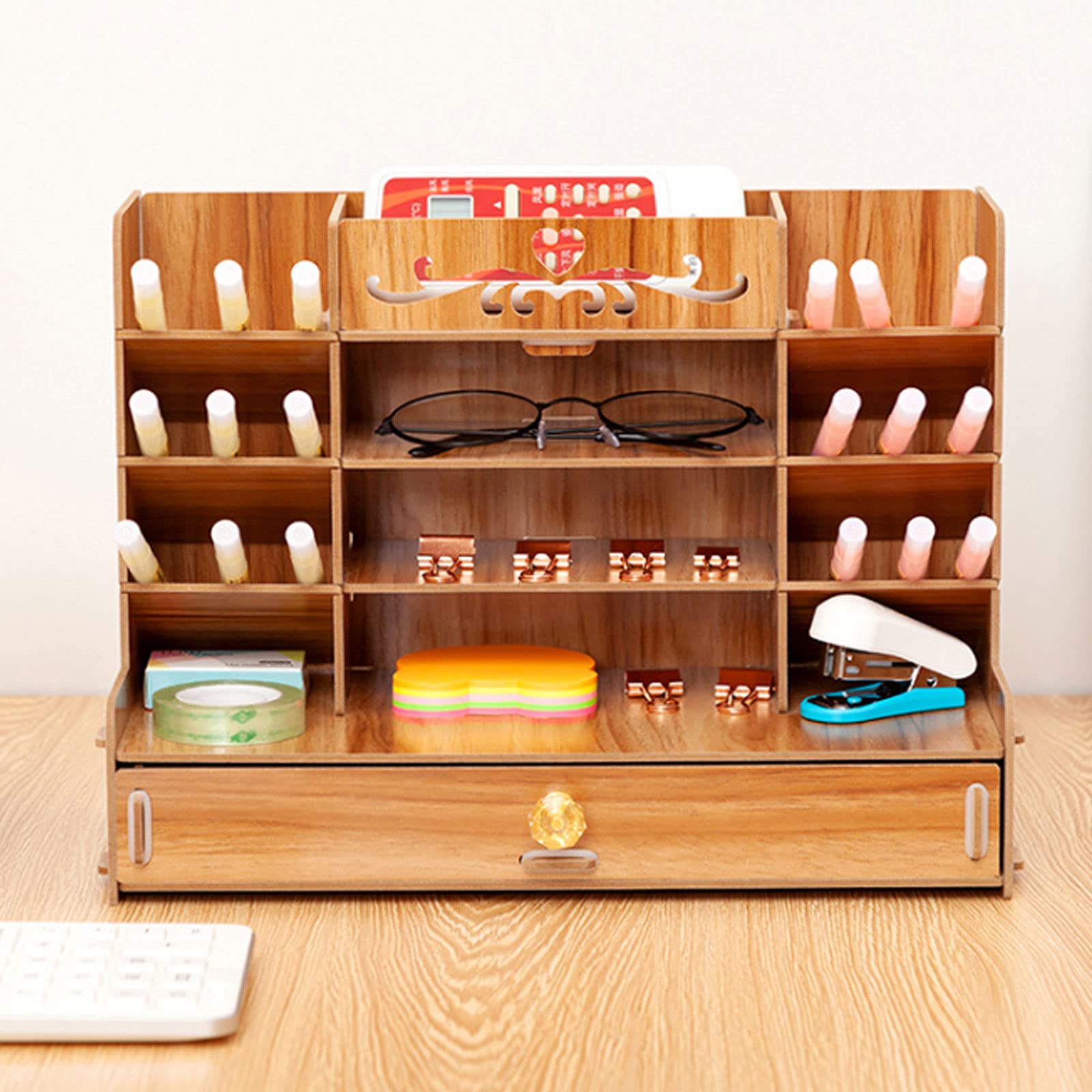 Portapenne Multifunzionale Portaoggetti da Tavolo Fisso con Cassetto, Multifunzionale Grande Organizer con Cassetto per Cancelleria, Ufficio, Casa e Scuola,Oak