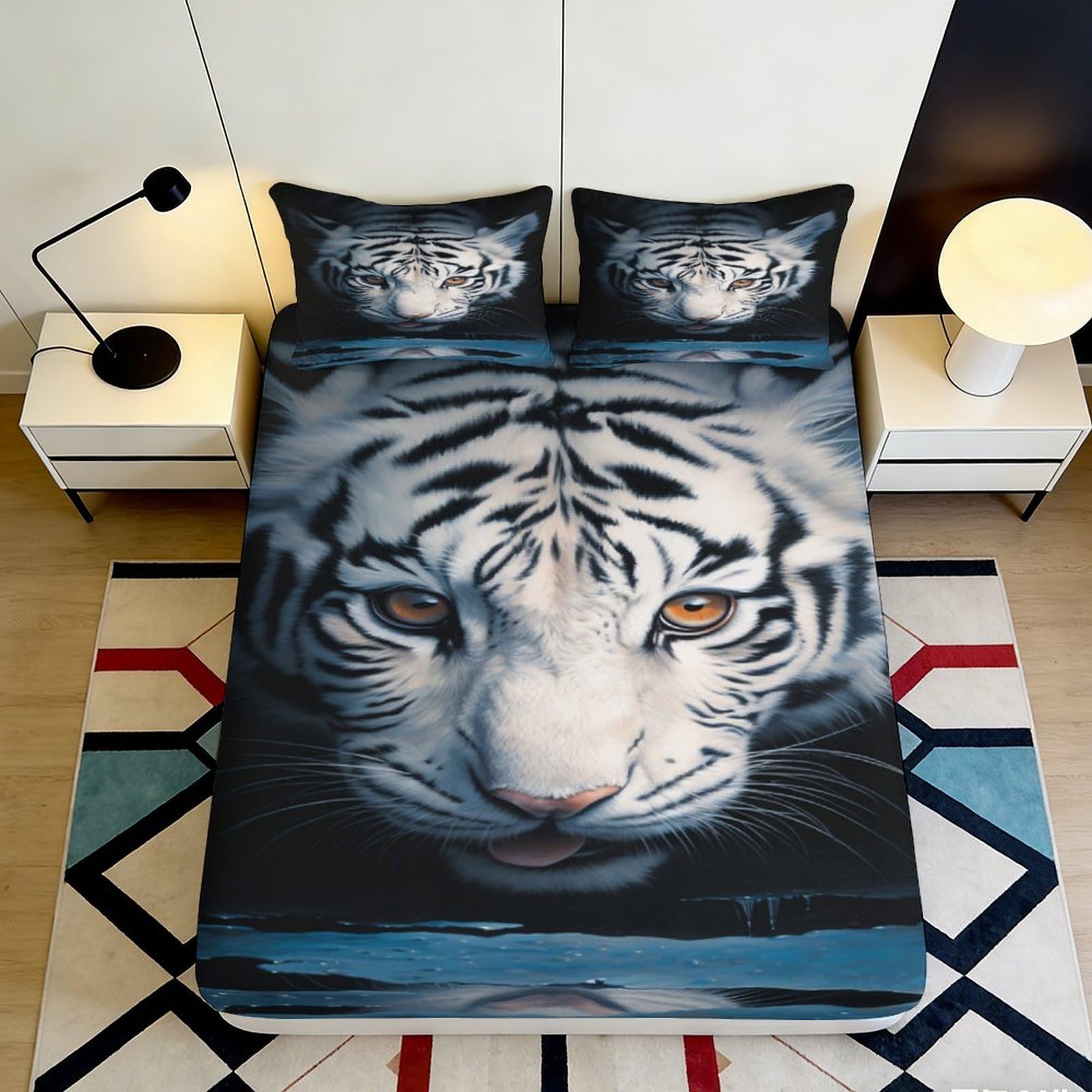 3D Printed Tiger Pattern Fitted Sheet Microfiber Deep Pocket Non-Slip Tiger Mattress Fitted Cover Bedroom Bedding Wrap for Adults Teenagers Washable 90x200x25cm