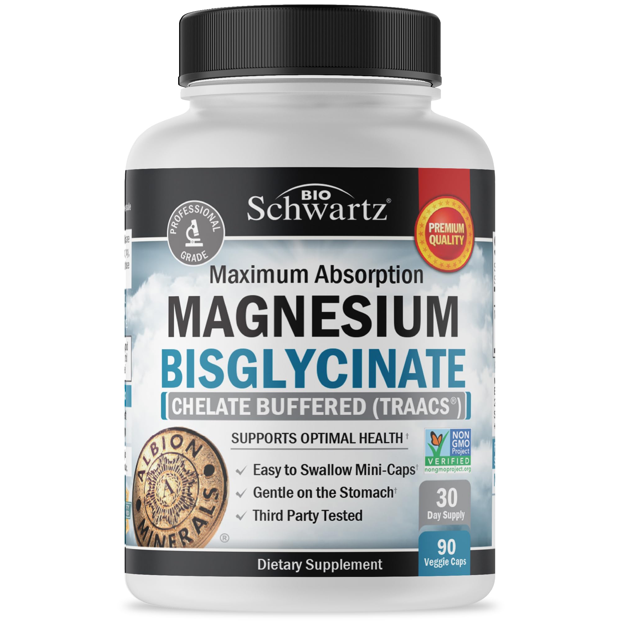 Magnesium Bisglycinate 100% Chelate No-Laxative Effect - Maximum Absorption & Bioavailability, Fully Reacted & Buffered - Healthy Energy Muscle Bone & Joint Support - Non-GMO Project Verified - 90 ct