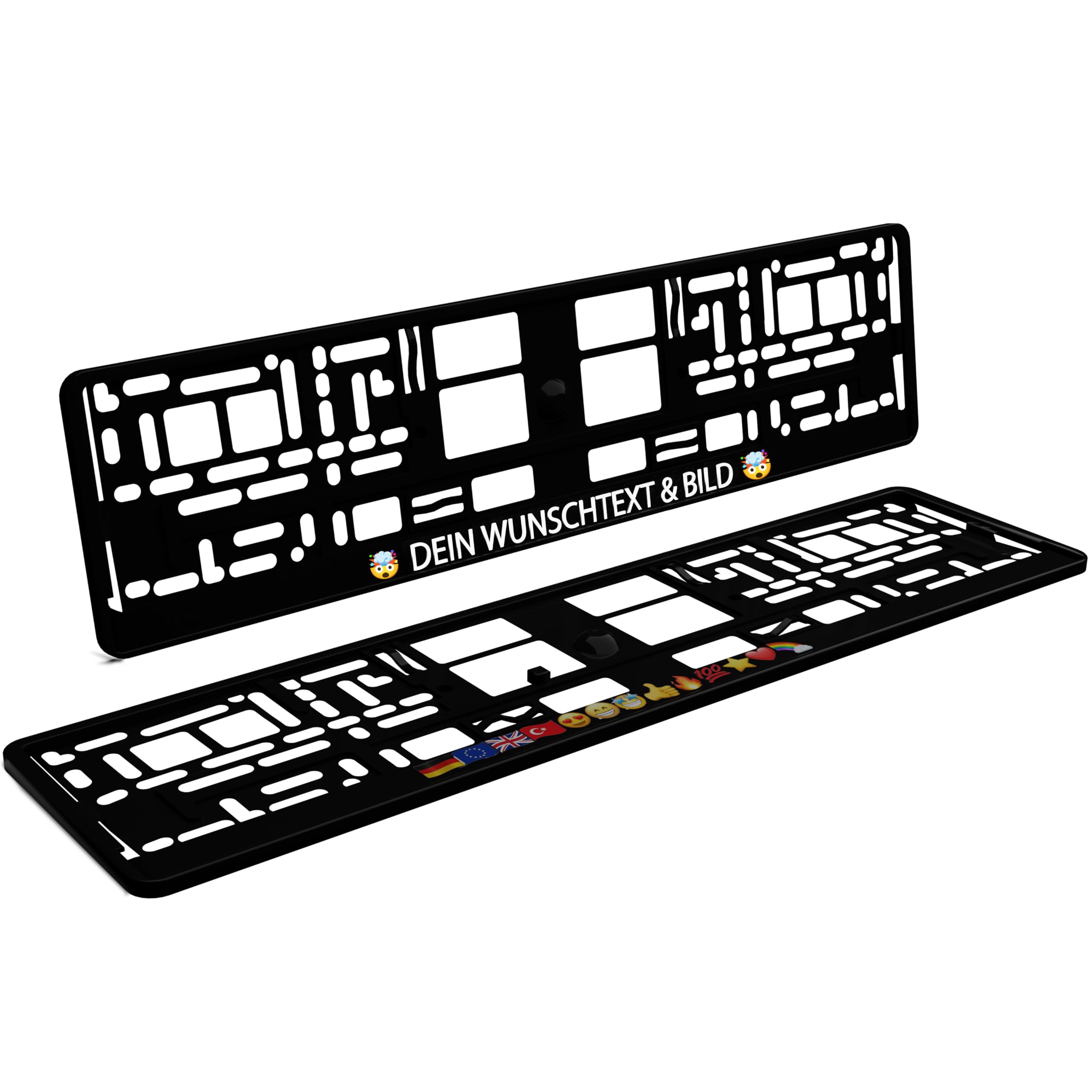 Bl4ckPrint - Support de plaque d'immatriculation personnalisé avec texte et emojis au choix - Lot de 2 cadres de plaque d'immatriculation pour voiture - Résistant aux intempéries - Support de plaque