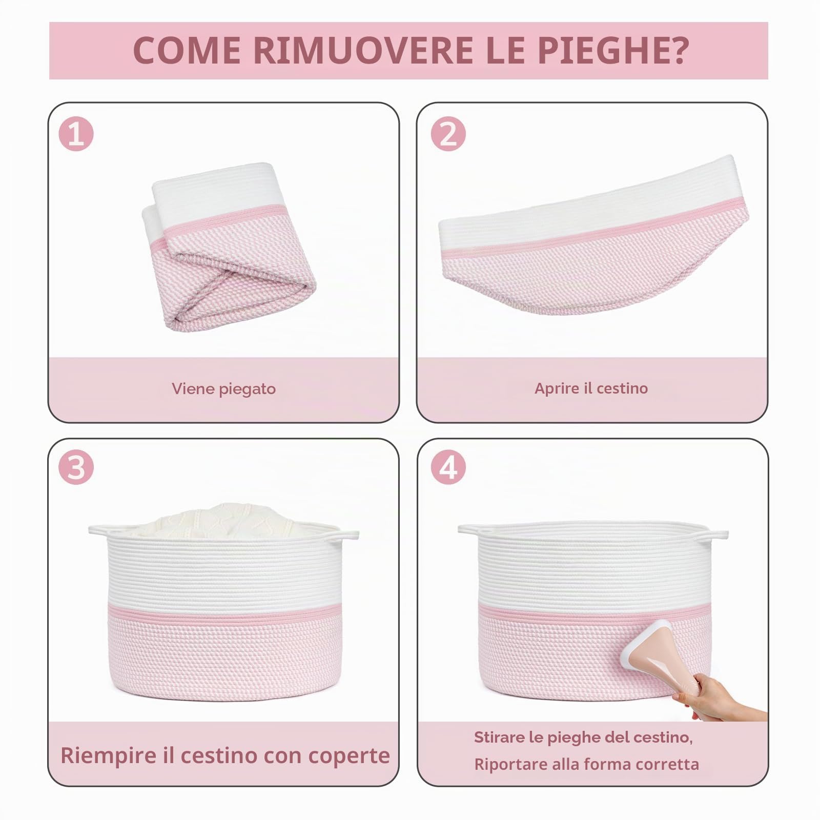 Cesto portaoggetti XXL extra large in corda di cotone intrecciato, con manici, cestino decorativo rosa per vestiti, 55,9 x 55,9 x 35,6 cm