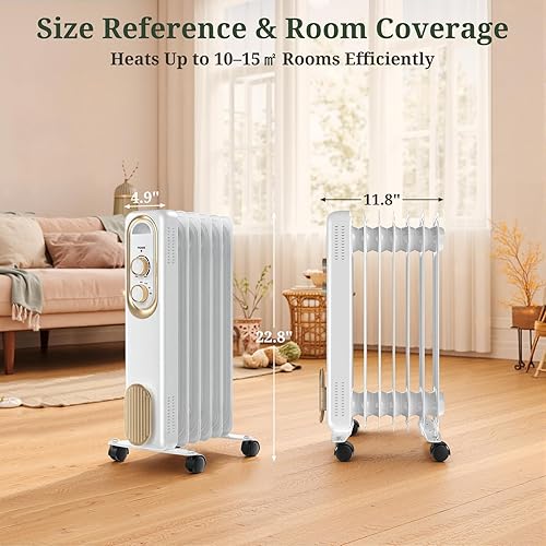 Miniatura 6 de Calentador radiador lleno de aceite para uso en interiores, calentador radiante portátil de 1500 W con 3 ajustes de calor protección contra