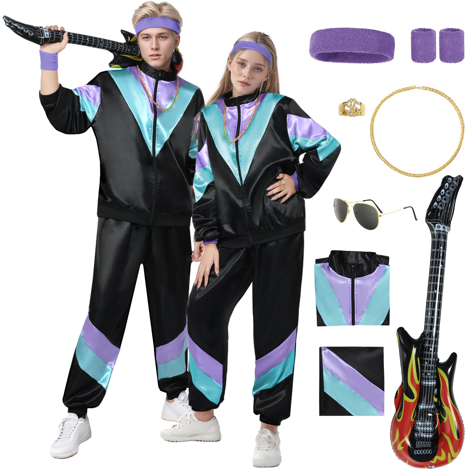 80s 90s Fancy Dress Costume Men Women Adults, Shell Suit Rave Tracksuit Outfit Retro Jacket Chain Decor Guitar Hip Hop Rapper Disco Neon Accessories Carnival Halloween Party (Black Violet, 2XL)