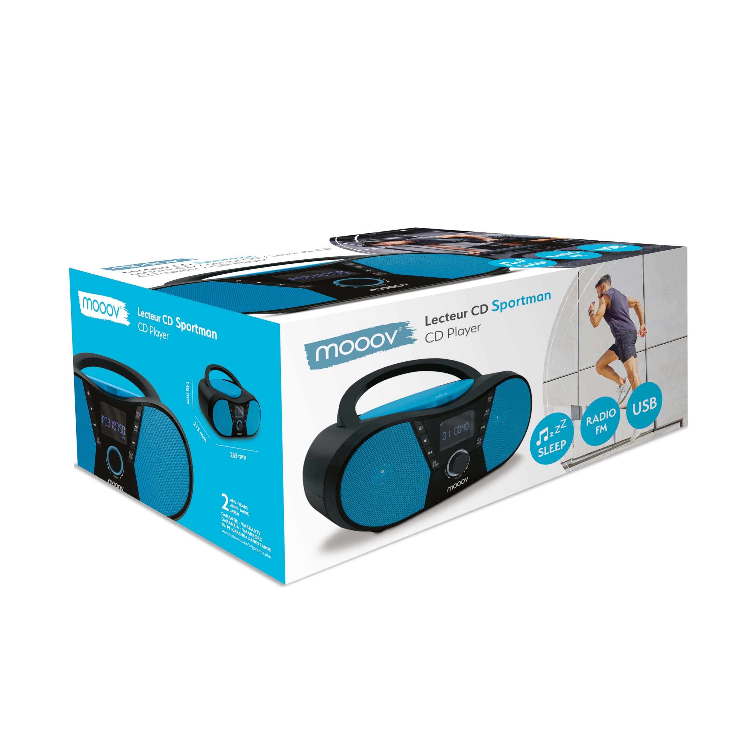 MOOOV 477412 Lettore CD Sportman con Radio FM, Porta USB, Funzioni Sleep e ID3 schermo LED, AUX-in, Uscita Cuffie, Equalizzatore