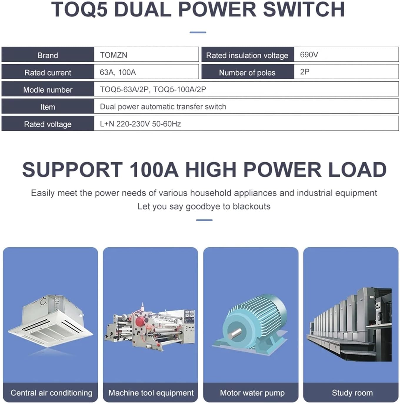 Single Phase Rail 110V 220V Dual Power Selector Switches 2P 63A 100A 125A(230V,63A)