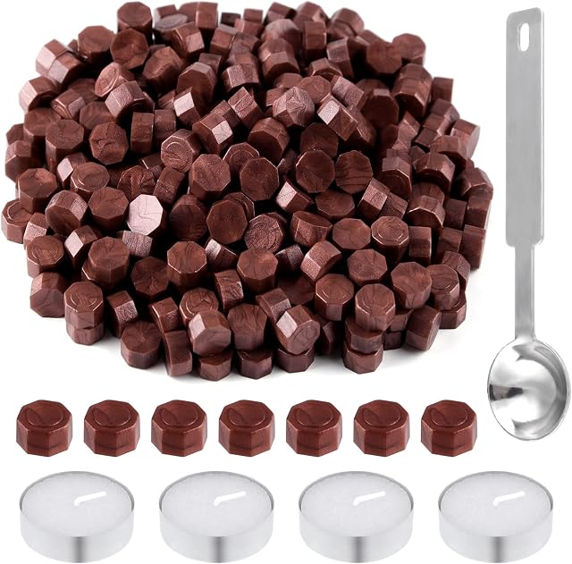 BOUIEXYE 500 Pcs Wax Seal Beads Wine Red Octagon Sealing Wax Beads with 4 Pcs Tea Candles and 1 Pcs Wax Melting Spoon for Crafts Letter Wine Greeting Cards Sealing