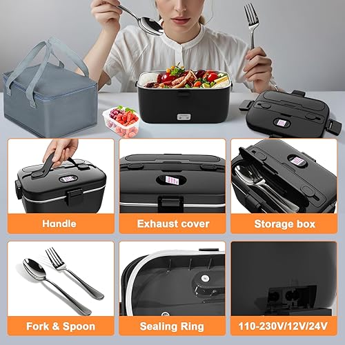 Miniatura 4 de DUPASU Fiambrera eléctrica calentador de alimentos Fiambrera térmica de 100 W para adultos, lonchera portátil de calentamiento rápido de 1.8 L,