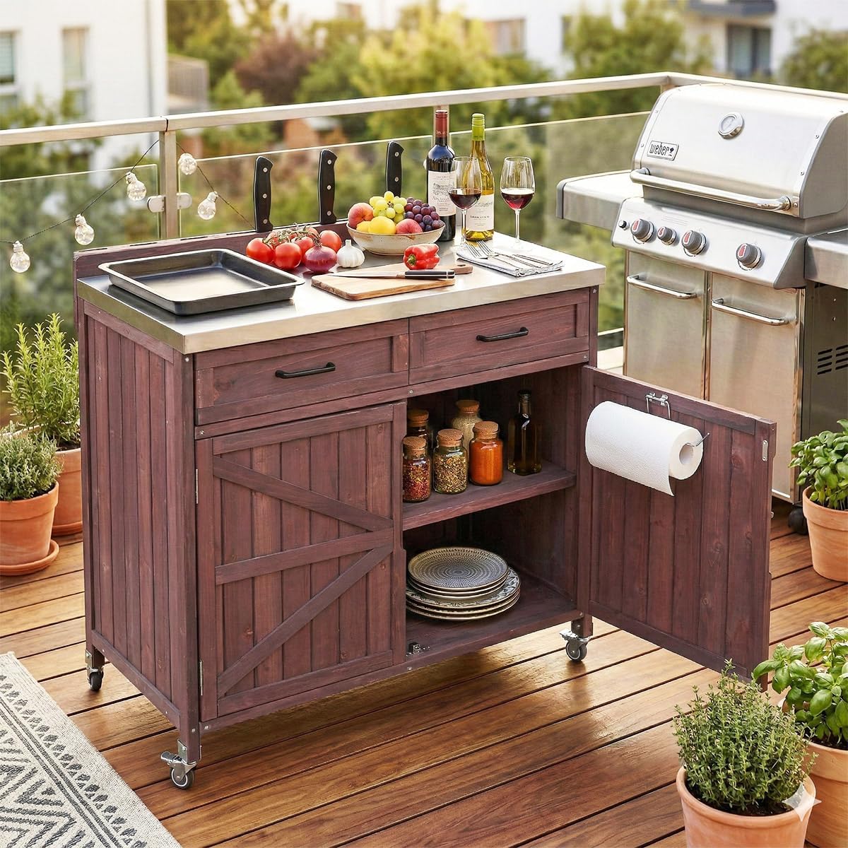 39.4" Outdoor Kitchen Island with Stainless Steel Table Top and Wheels, Island Cart with Storage Cabinet and Adjustable Shelves, Grill Cart with Drawer and Storage Racks for BBQ (Brown)