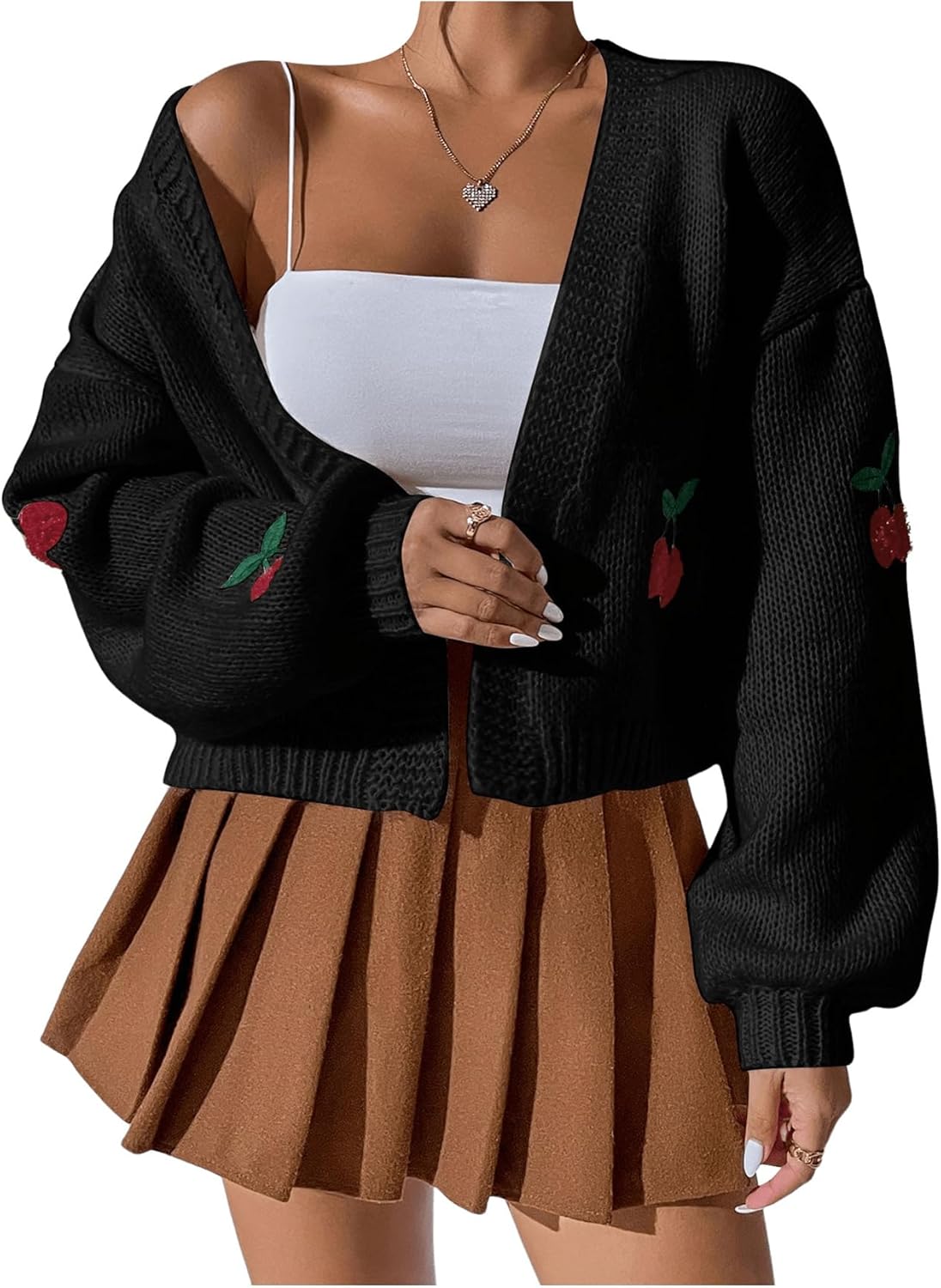 GORGLITTER Women's Cherry Cropped Cardigan Sweaters Open Front Long Sleeve Cute Chunky Knit Short Cardigan Trendy - Image 5