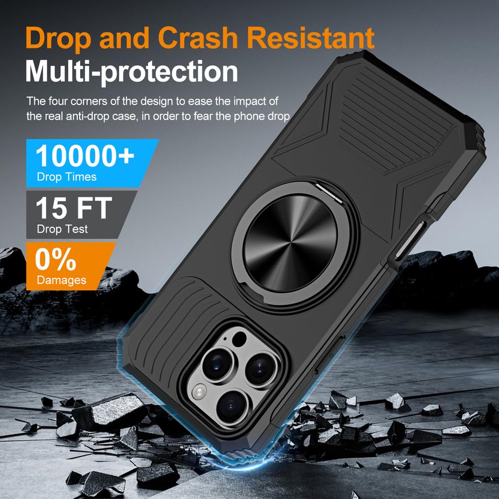 Magnetisch Hülle für iPhone 17 Pro Max/17 Pro/17 Air/17, Militär Stoßfeste rutschfeste Schutzhülle mit Drehbarer Ringhalter Handyhülle,Schwarz,17 Pro
