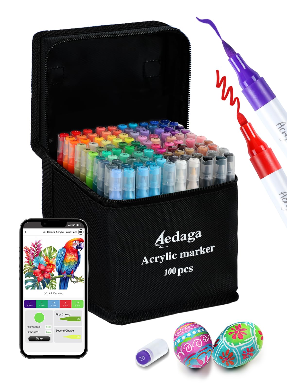 100 Colours Numbered Acrylic Markers, Dual Tip Acrylic Paint Pens with Brush and Fine Tips for Adults, Paint Markers for Wood, Canvas, Stone, Rock Painting, Glass, Ceramic Surfaces, DIY Crafts Making