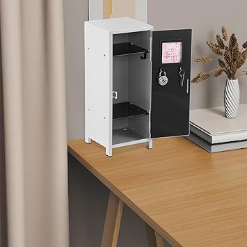 Mini Locker with Lock and 2 Keys, 10.8 Inch Miniature Storage Locker, Real Littles Locker Cute Small Locker, Functional Safe Metal Locker with Compartments for Desktop Bedroom Home Office White