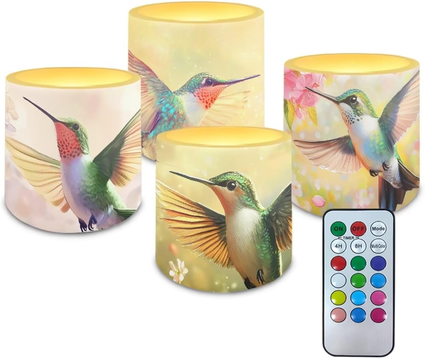 Vintage Flower Hummingbird 3 inch Flameless LED Candles with Remote Timer Set of 4 Home Decorative Realistic Flickering Flameless Candles with Battery Operated