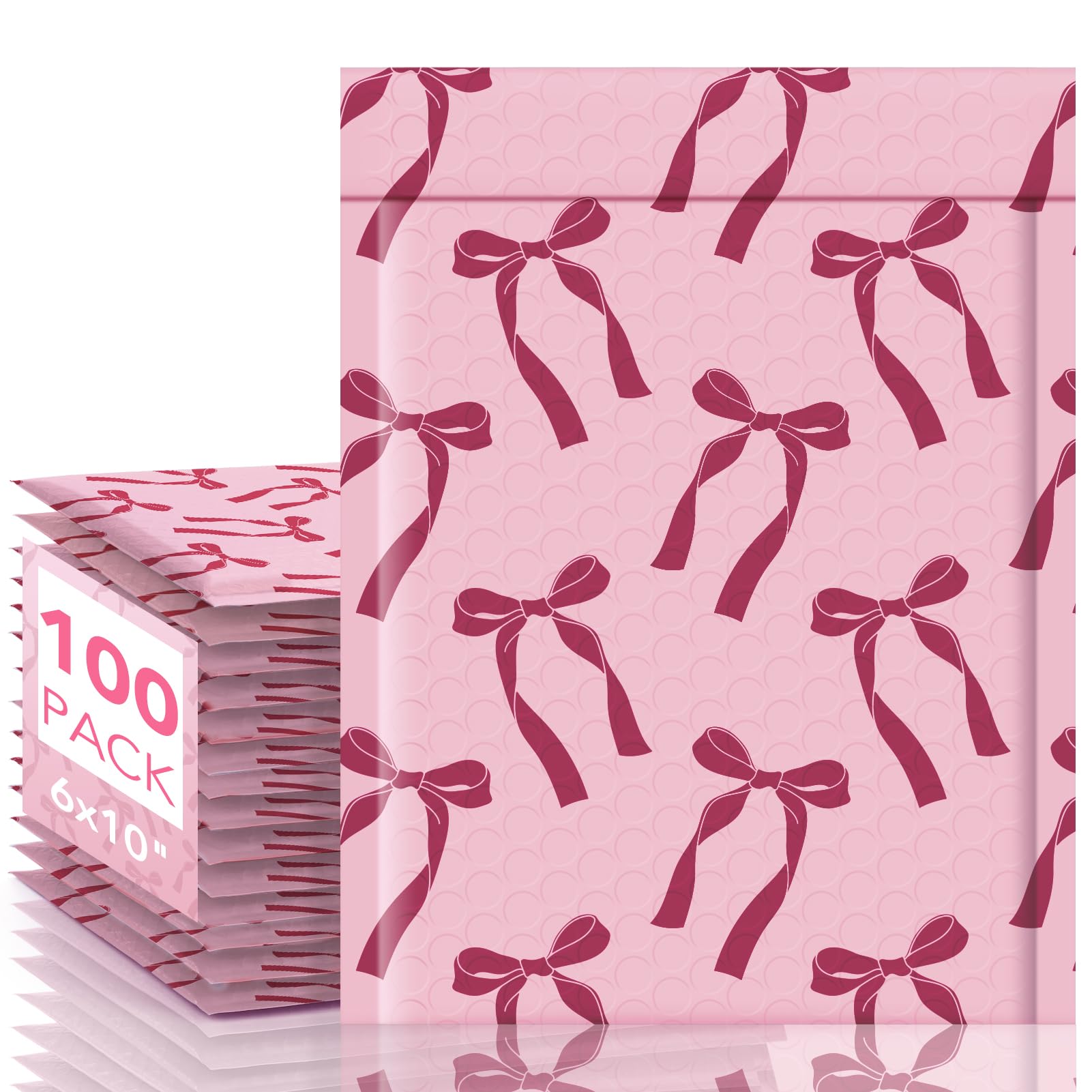 Fuxury Bubble Mailers 6x10" Padded Envelopes 100 Pack Pink Bows Cute Design Bubble Envelopes Usable Size 6x9" Strong Adhesion Pattern Shipping