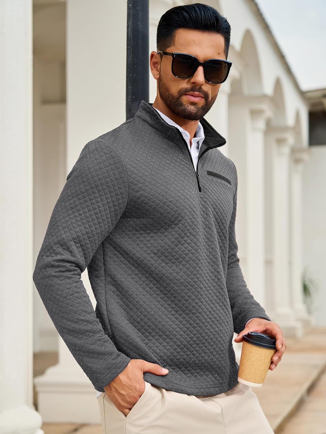 Auxo Mens Quarter Zip Pullover Quilted Sweatshirt Casual Long Sleeve Mock Neck Fall Sweater Polo - Image 4