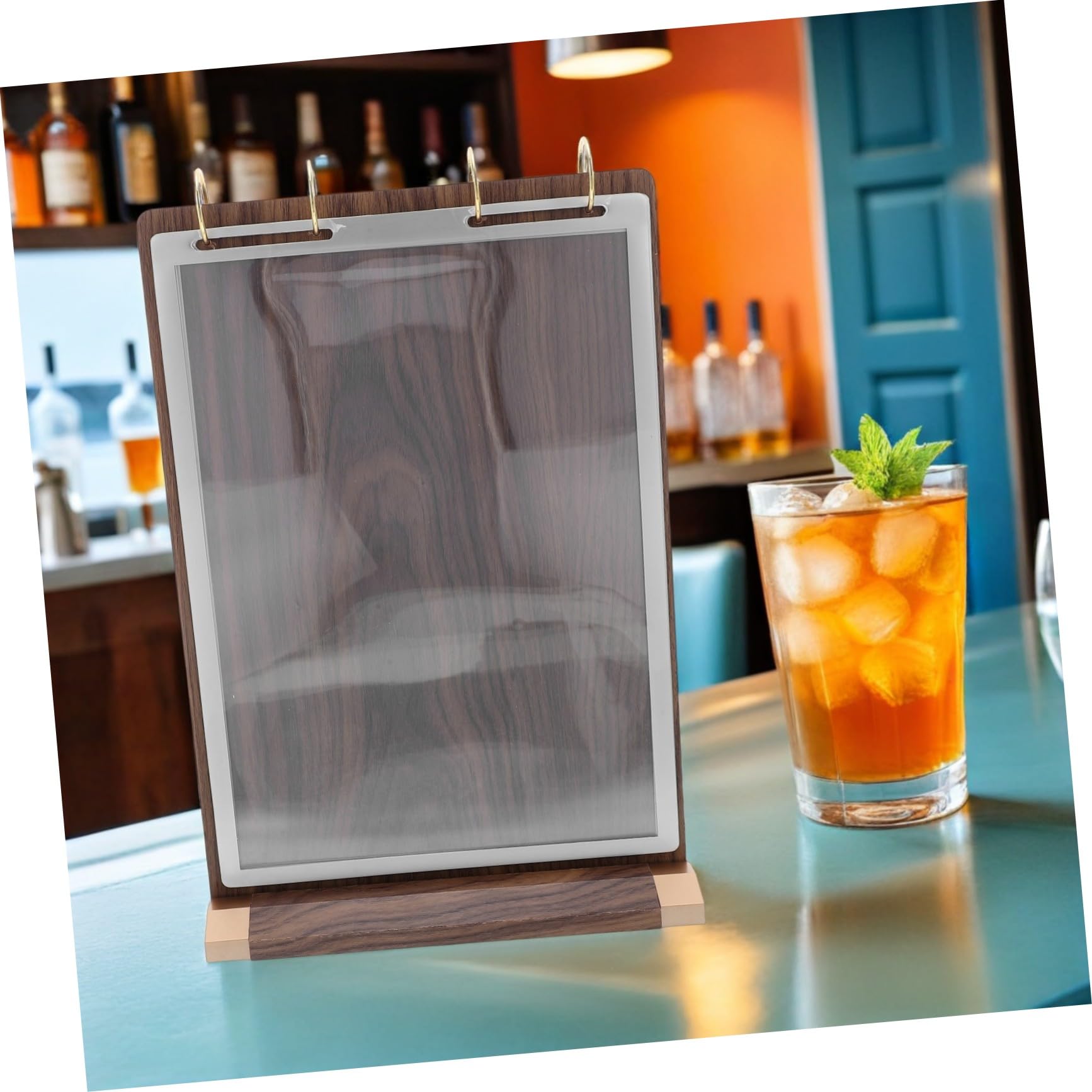 PLAFOPE Soporte para Carteles de Mesa de Madera de Nogal Porta Menús de Mesa Doble Cara con Diseño de Páginas Desplegables para Restaurantes Exhibidor Transparente para Escritorio y