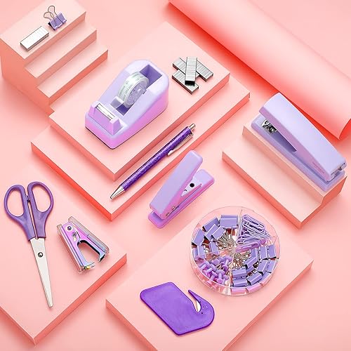 Miniatura 5 de Juego de suministros de oficina con grapadora, dispensador de cinta, removedor de grapas, grapas, perforador, clips de papel, tijeras y abridor de