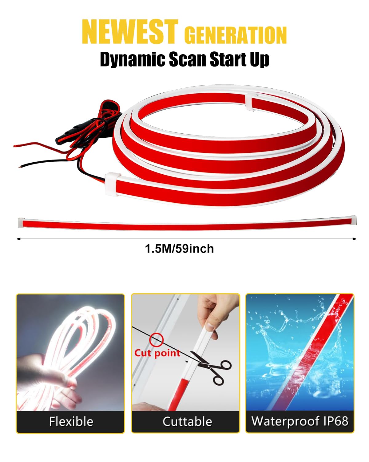 YM E-Bright Luci LED Esterne per Auto Hood, Striscia Luminosa Scan Start per Cofano, IP68 Impermeabile, Diurne per SUV e Camion, 12V 59 Pollici, 1 Set
