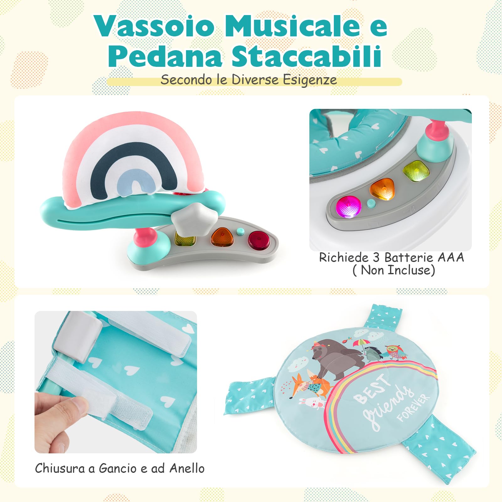 GYMAX Girello Centro attività, Piattino Rimbalzante per Neonati, 3 Altezze Regolabili, Sedile Girevole a 360°, Giocattoli Interattivi, Sdraietta con Musica e Luci per Bambini 6+ Mesi (Blu)