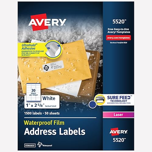 Avery 5520 Etiquetas de envío impermeables con tecnología TrueBlock para impresoras Laser de 1 x 2-58 pulgadas caja de 1 500 unidades