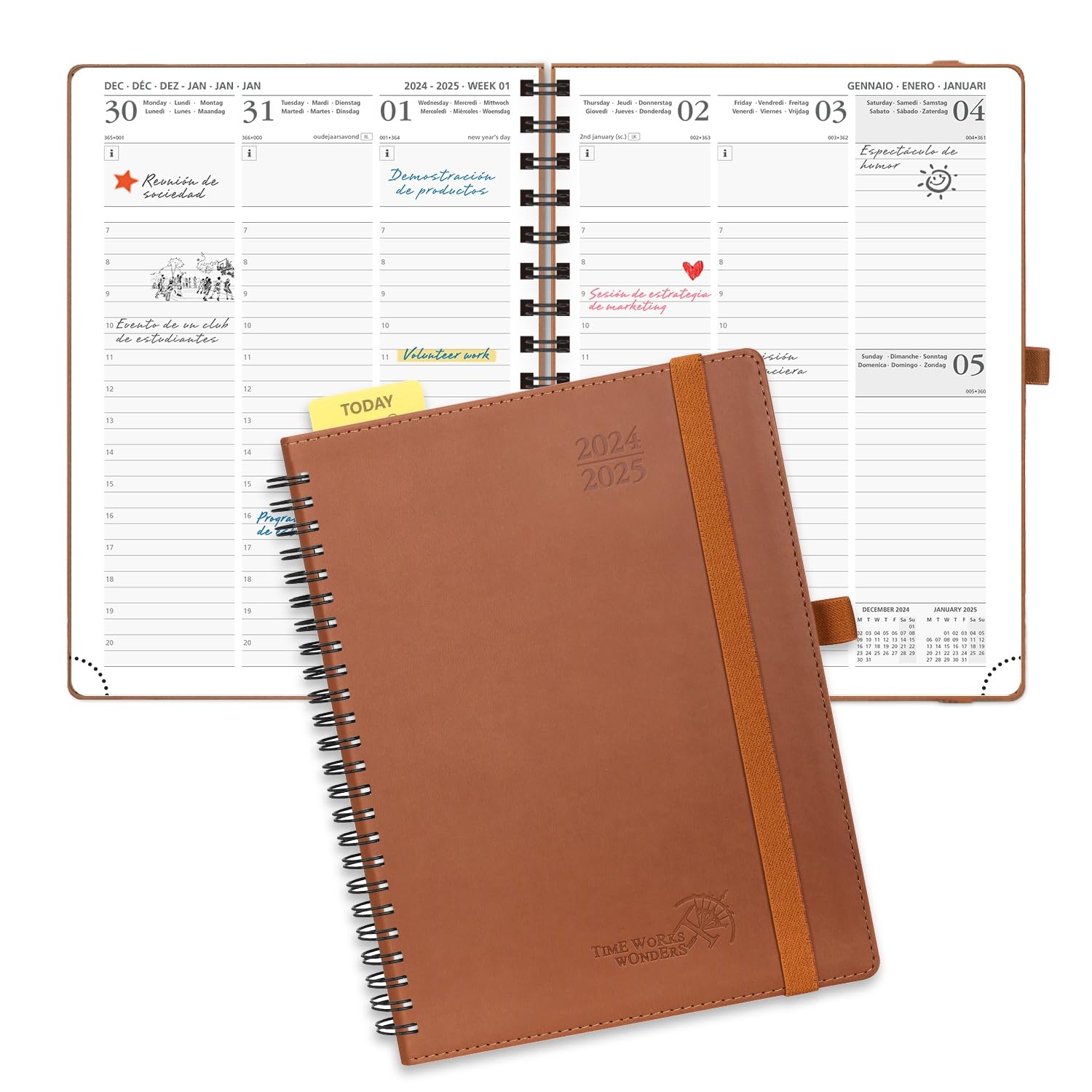 POPRUN Agenda 2024 2025 Semana Vista 22 x 16,5 cm, Agenda Semanal 17 Meses de Ago.2024 - Dic.2025, Planificador en Espiral, Tapa Blanda, 80 GSM Papel Certificado FSC®, Marrón