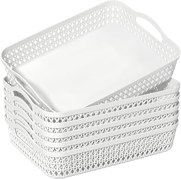 Set of 6 White Plastic Storage Basket Tray, Large Kitchen Storage Basket with Handle