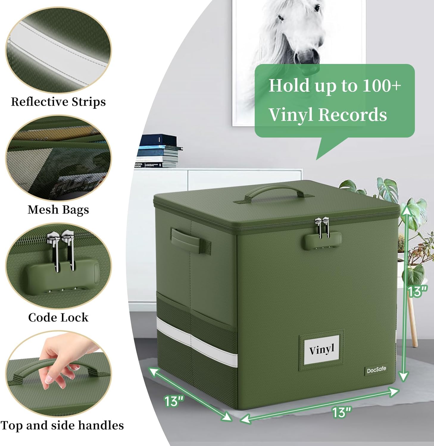 DocSafe Vinyl Record Storage Box with Lock, Fireproof＆Water Resistant Record Organizer for 100+ Single Records(12-inch), Collapsible Storage Crate with Lid&Handles for Valuable Album Collection,Green