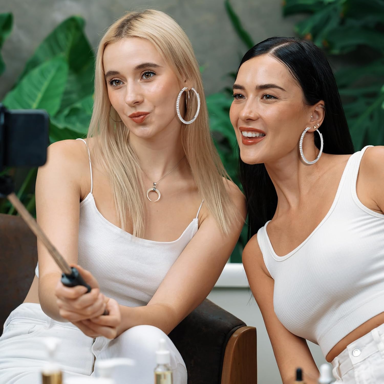 5 Pairs Large Rhinestone Hoop Earrings Set 3-7 cm Big Sparkly Round Hoops Silver Crystal Sparkly Bling Thin Round Party Earrings Lightweight Earring Jewelry for Women Jewelry Party Wedding Date Gift - Image 3