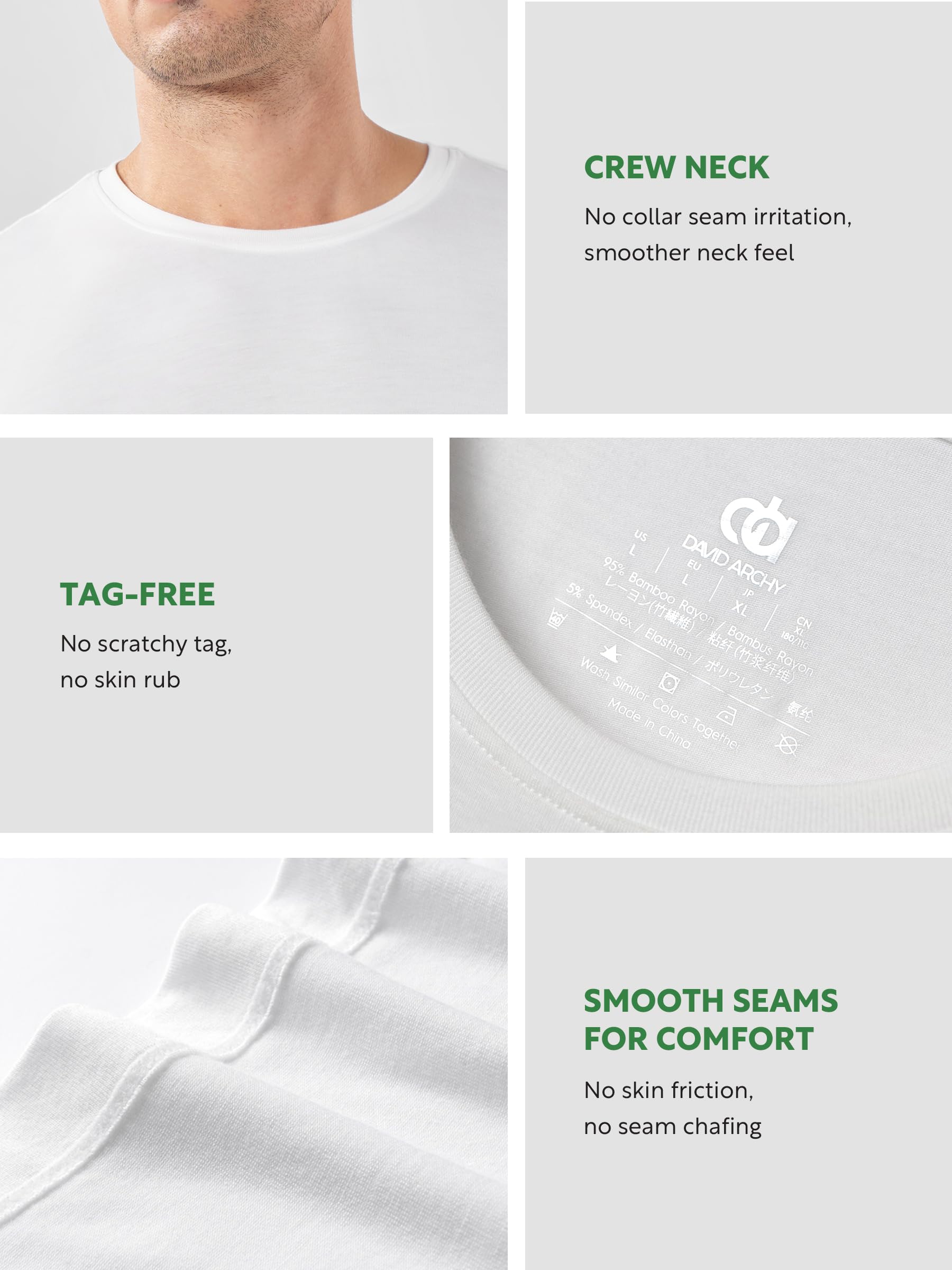 DAVID ARCHY Camiseta interior para hombre, rayón de bambú, absorbe la humedad, cuello redondo, cuello en V, para hombre, paquete múltiple, Paquete de 5 Blanco - Cuello Redondo, Medium
