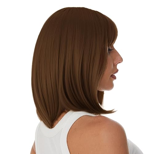 Miniatura 7 de Onpep Pelucas cortas y rectas con flequillo de aire, peluca marrón miel para mujer, longitud al hombro, pelucas de pelo de fibra resistente al calor