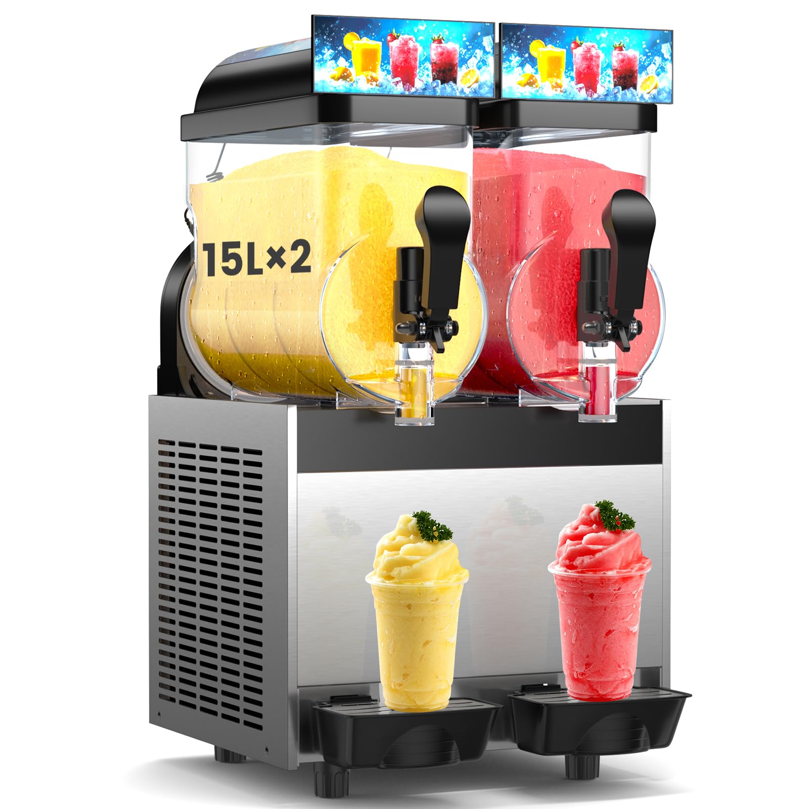 8 Gal/30L Commercial Margarita Machine with LED Light, 15L×2 Tanks Commercial Frozen Drink Machine, Stainless Steel Margarita Smoothie Maker, Quick