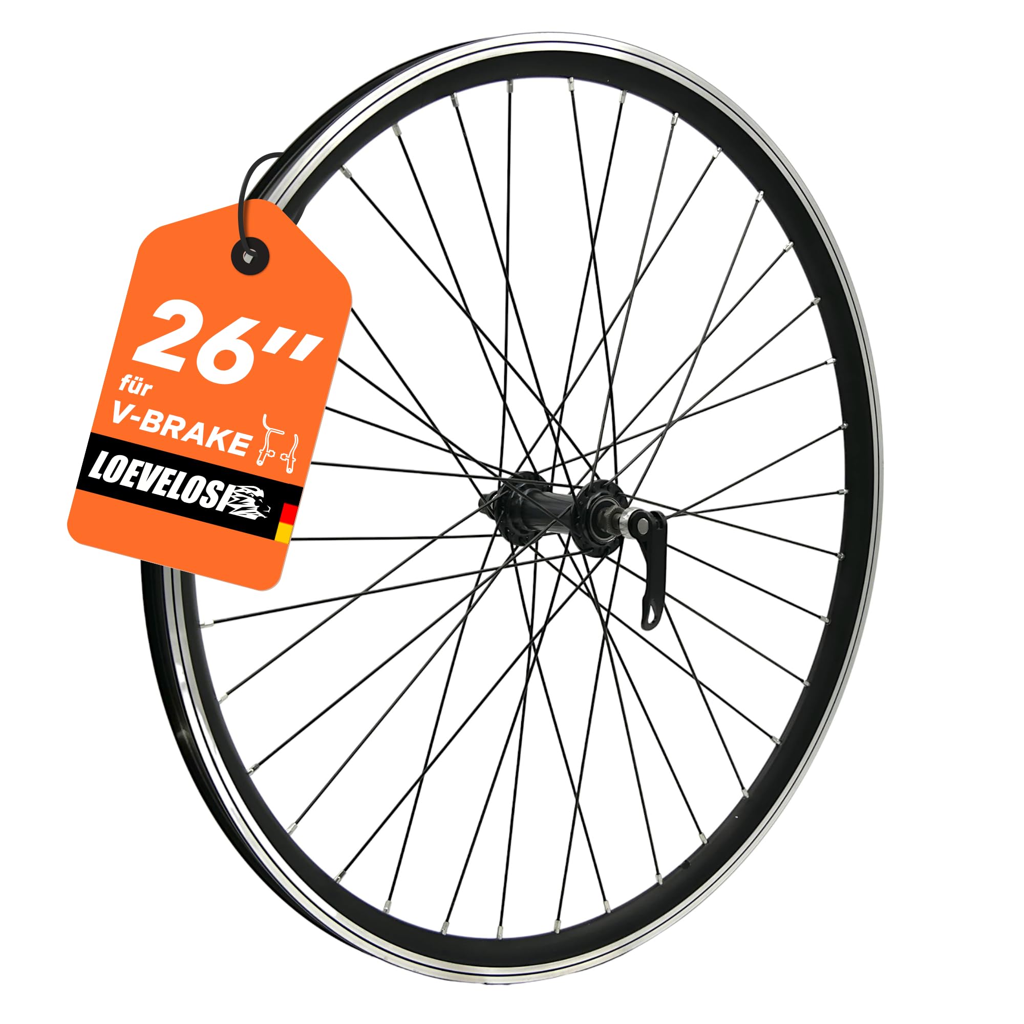 LOEVELOSI Fahrrad Vorderrad 26 Zoll MTB V-Brake Schwarz – Laufrad VR 100mm Schnellspanner 10mm Gabelaufnahme 18mm Felgenbreite 21mm Felgentiefe – Mountainbike Front Wheel