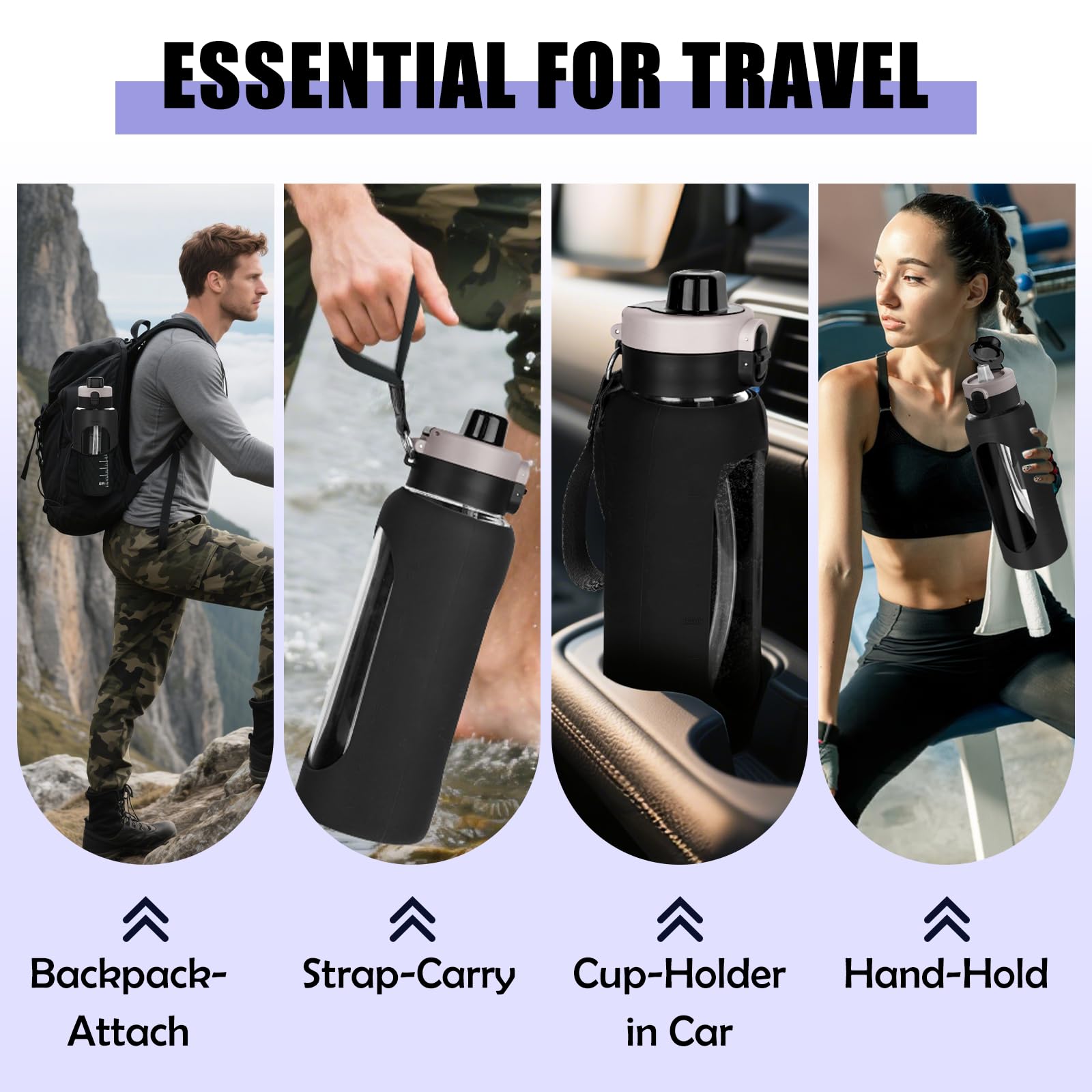 ANOTION Botella de agua de vidrio de 40 onzas, botella de agua deportiva grande con tapa de doble bebida, botellas de vidrio transparente a prueba de fugas con popote, jarra motivacional con funda de