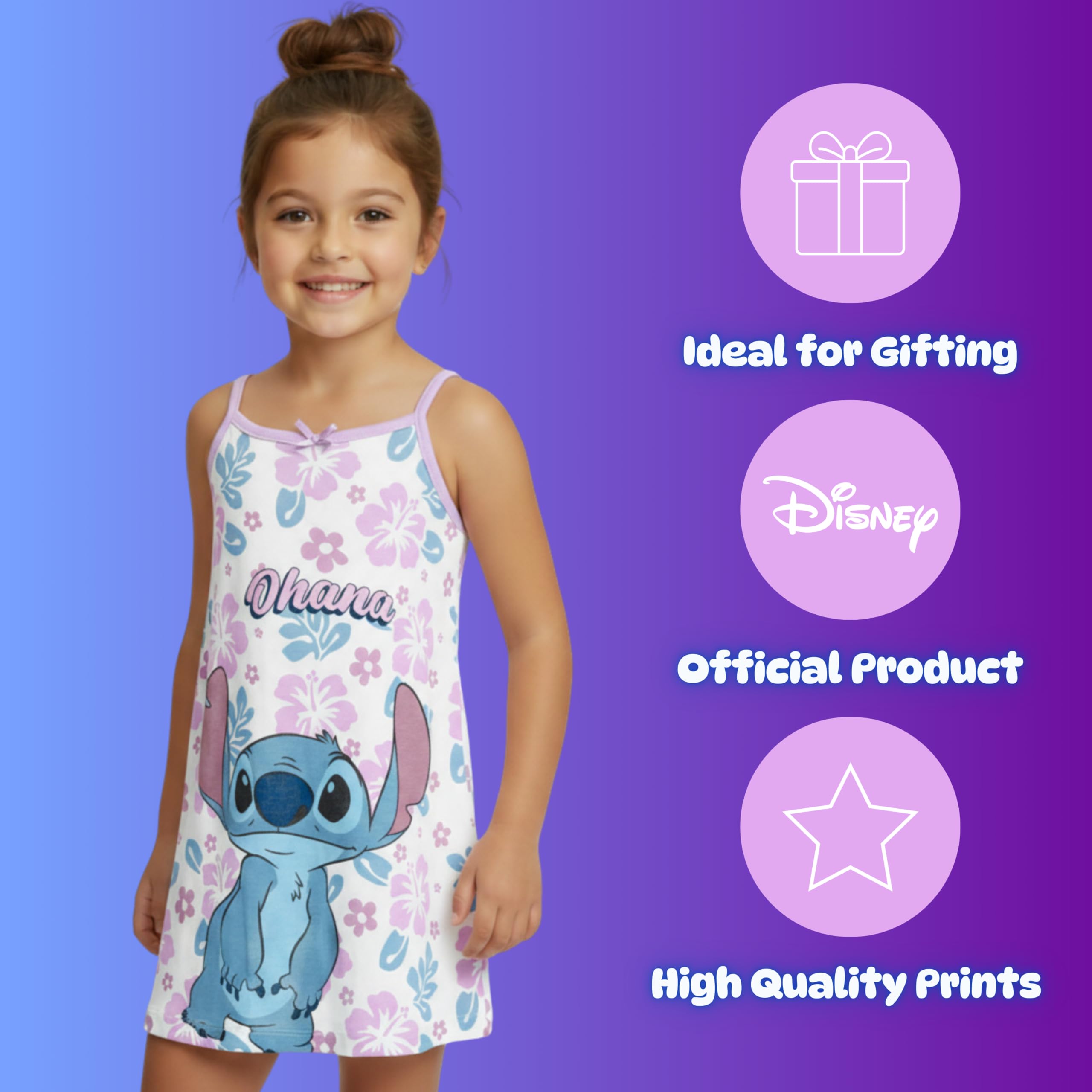 Disney Stitch Chemise de Nuit pour Fille, Modèle été à Bretelles Courte Chemise de Nuit en Coton Doux, Tailles 3 à 8 Ans